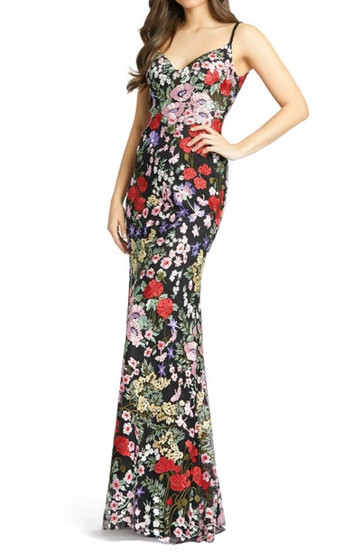 Mac Duggal Floral Embroidery Lace Column Gown In Black Multi