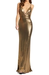 Mac Duggal Shimmer Metallic Faux Wrap Gown In Bronze