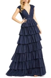 Mac Duggal Plunge Neck Ruffle Tiered Gown In Midnight