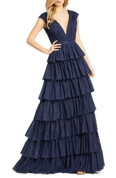 Mac Duggal Plunge Neck Ruffle Tiered Gown In Midnight