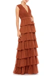 Mac Duggal Plunge Neck Ruffle Tiered Gown In Nutmeg