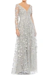 Mac Duggal Floral Applique Long Sleeve A-line Gown In Platinum