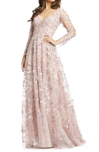 Mac Duggal Floral Applique Net Long-sleeve A-line Gown In Rose Pink