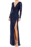 Mac Duggal Long Sleeve Sequin Faux Wrap Gown In Mid Night