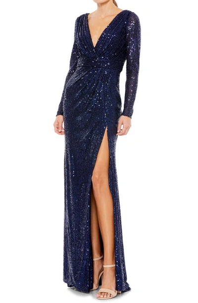 Mac Duggal Long Sleeve Sequin Faux Wrap Gown In Mid Night