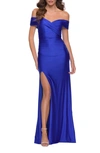 La Femme Off The Shoulder Stretch Jersey Gown In Blue