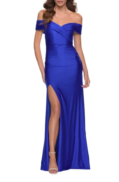 La Femme Off The Shoulder Stretch Jersey Gown In Blue