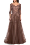 La Femme A-line Tulle Gown With Floral Lace Detail And V-neck In Brown