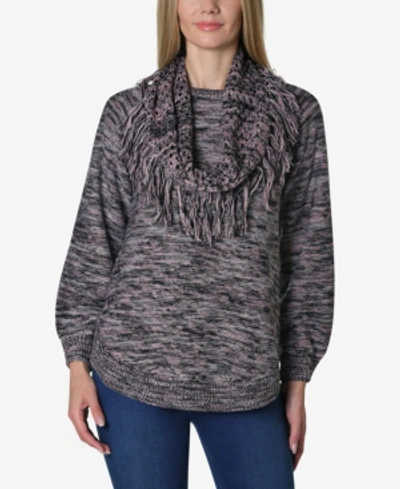 Adrienne Vittadini Women's Long Sleeve Space Dye Rounded Bottom Sweater With Attached Scarf In Lilasgrays