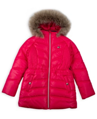 Tommy Hilfiger Kids' Big Girls Puffer Jacket With Faux Fur Hood In Dark Pink