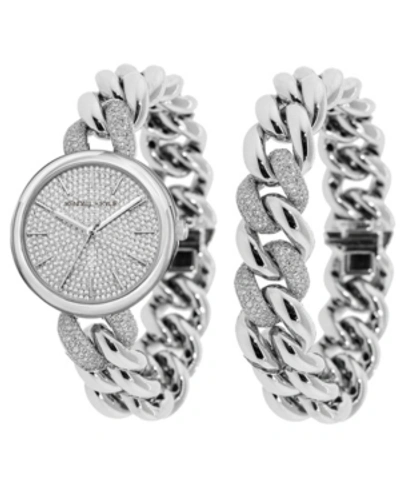 Kendall + Kylie Women's  Silver Tone And Crystal Chain Link Stainless Steel Strap Analog Watch And Br