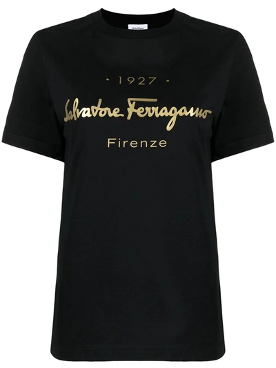 Ferragamo 1927 Signature Print T-shirt In Black,gold
