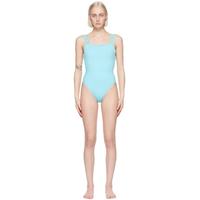 Versace Blue Greca Border One-piece Swimsuit In Splash