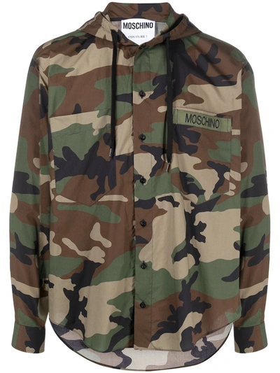 Moschino Camouflage-print Hooded Shirt In Green
