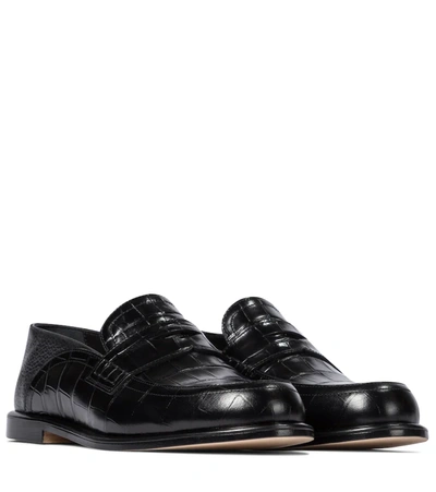 Loewe Crocodile-effect Penny Loafers In Black