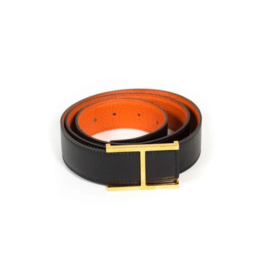 Pre-owned Hermes Reversible Leather Belt Size 100 Cm In Black