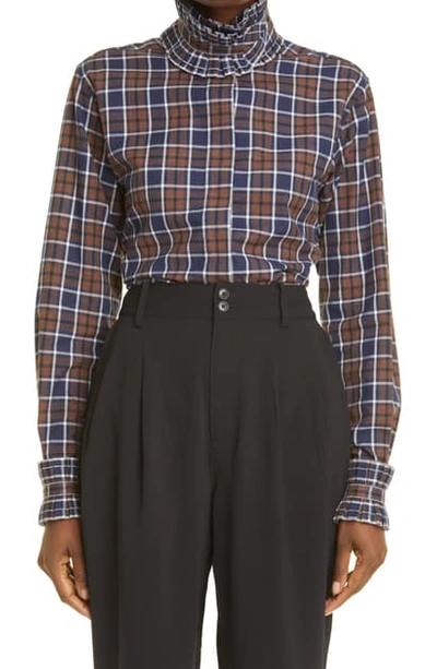 Victoria Beckham Plaid Removable Ruffle Collar Shirt In Brown/ Navy