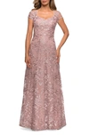 La Femme Embellished Lace Gown In Mauve