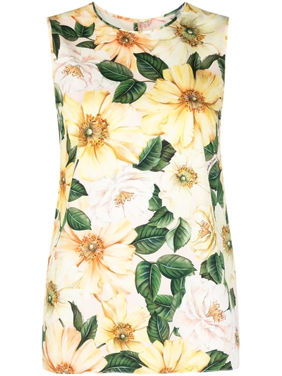 Dolce & Gabbana Lace-trim Floral-print Tank Top In Yellow