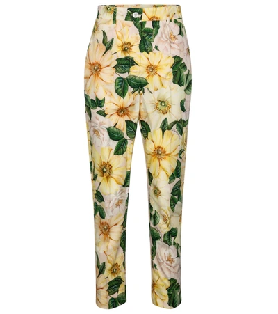 Dolce & Gabbana Cropped Floral-print Cotton-poplin Straight-leg Pants In Yellow