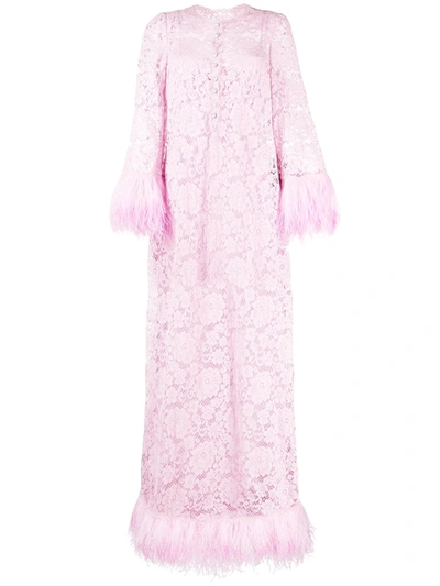 Dolce & Gabbana Embellished Lace Long Dress W/ Feathers In Lilac