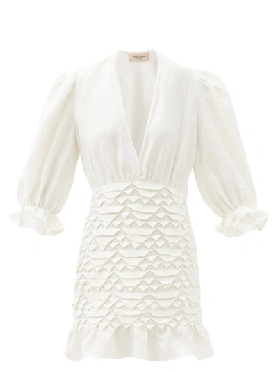 Adriana Degreas Linen Puff-sleeves Short Dress With Application In Off White