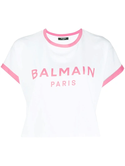 Balmain Flocked Logo Cropped T-shirt In White