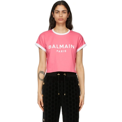 Balmain Pink & White Cropped Flocked Logo T-shirt In Oaj Rose/wh