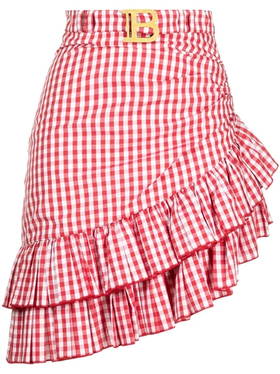 Balmain Asymmetric Vichy Print Skirt In Red