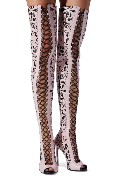 Balmain Campbell Lace-up Laser-cut Leather Thigh Boots In Baby Pink