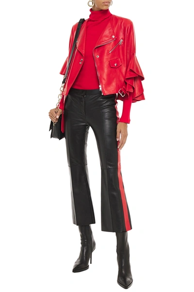 Alexander Mcqueen Ruffled Leather Biker Jacket In Red