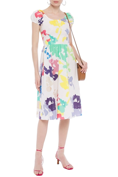 Caroline Constas Mariette Gathered Printed Stretch-cotton Poplin Dress In White