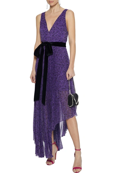 Alice And Olivia Aiden Asymmetric Pleated Floral-print Georgette Dress In Violet