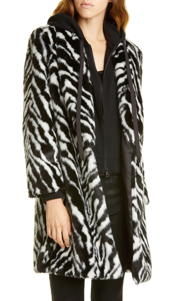 Alice And Olivia Kylie French Terry-trimmed Zebra-print Faux Fur Hooded Coat In Blk/white