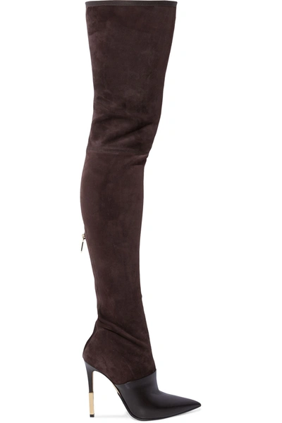 Balmain Amazone Suede And Leather Over-the-knee Boots In Brown