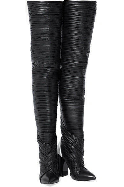 Balmain Ingrid Pleated Leather Thigh Boots In Black