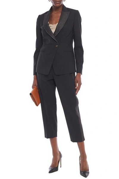 Brunello Cucinelli Metallic Crepe-trimmed Bead-embellished Wool-blend Blazer In Charcoal