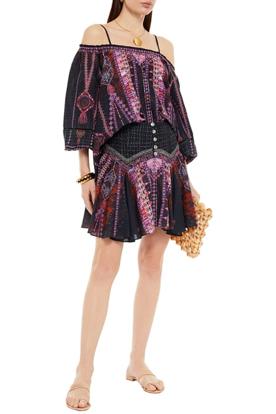 Camilla Cold-shoulder Studded Printed Cotton, Ramie And Bamboo-blend Blouse In Black