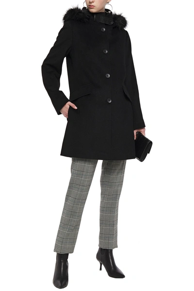 Dkny Faux Fur-trimmed Wool-blend Coat In Black
