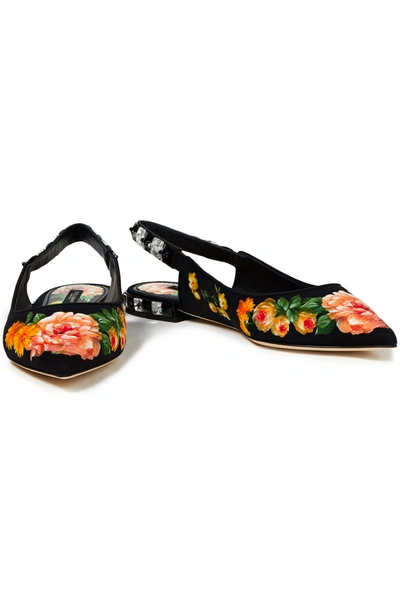 Dolce & Gabbana Lori Embellished Floral-print Cady Slingback Point-toe Flats In Black