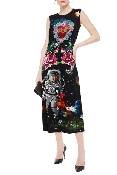 Dolce & Gabbana Crystal-embellished Embroidered Printed Crepe Midi Dress In Black