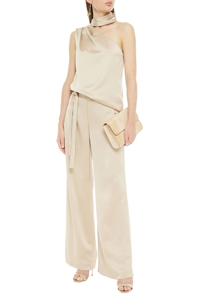 Halston Belted Satin Wide-leg Trousers In Beige