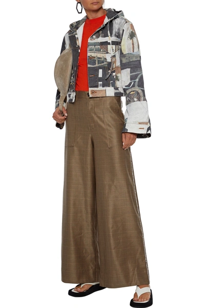 Ganni Merkel Embellished Prince Of Wales Checked Silk And Wool-blend Wide-leg Pants In Light Brown