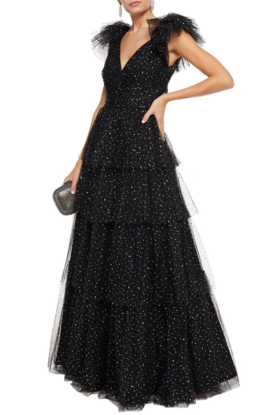 Jenny Packham Tiered Ruched Embellished Tulle Gown In Black