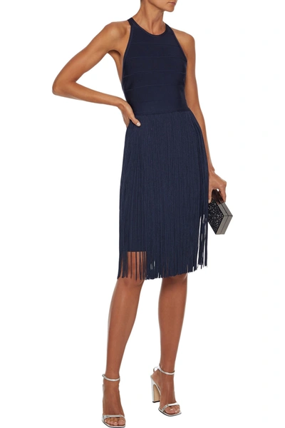 Herve Leger Fringed Bandage Mini Dress In Midnight Blue