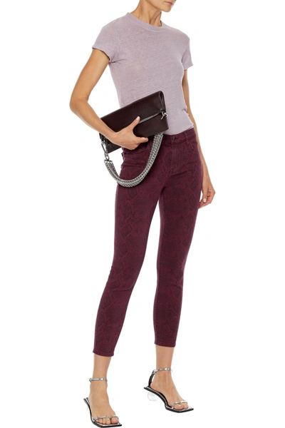 J Brand 835 Cropped Snake-print Mid-rise Skinny Jeans In Burgundy