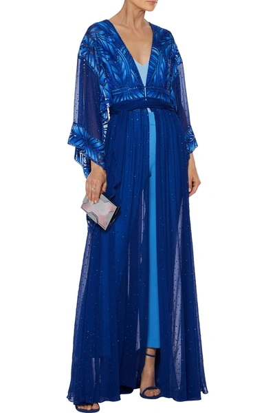 Jenny Packham Embellished Tulle-paneled Silk-chiffon Kimono In Royal Blue