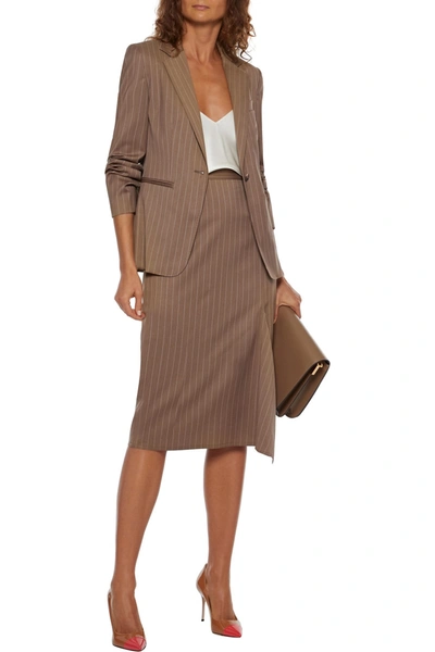 Max Mara Fedora Draped Pinstriped Wool Pencil Skirt In Sand