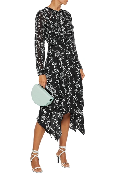 Mikael Aghal Asymmetric Belted Floral-print Crepe De Chine Midi Dress In Black