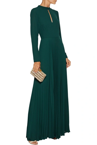 Mikael Aghal Cutout Pleated Crepe De Chine Gown In Emerald